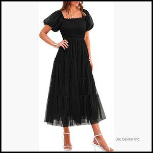 Smocked Midi Tulle Dress Puffy Short Sleeve Square Neck Ruffle